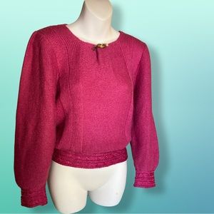Vintage 80’s hand knit Fuchsia sweater with vintage brooch